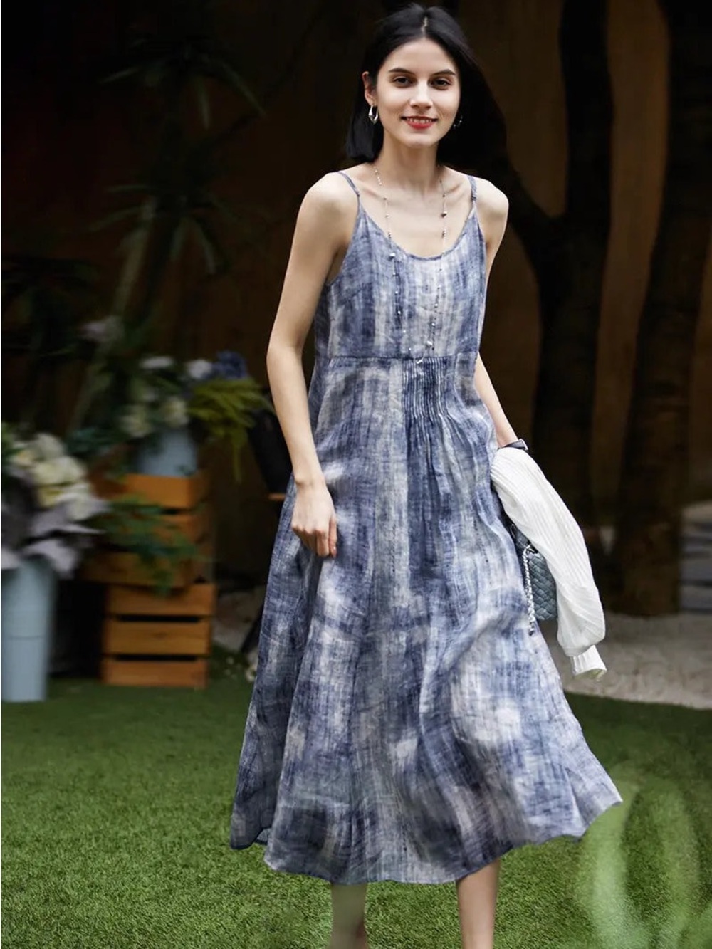 FIBFLX 100% Ramie Blue Tie Dye Spaghetti Strap Maxi Dress M